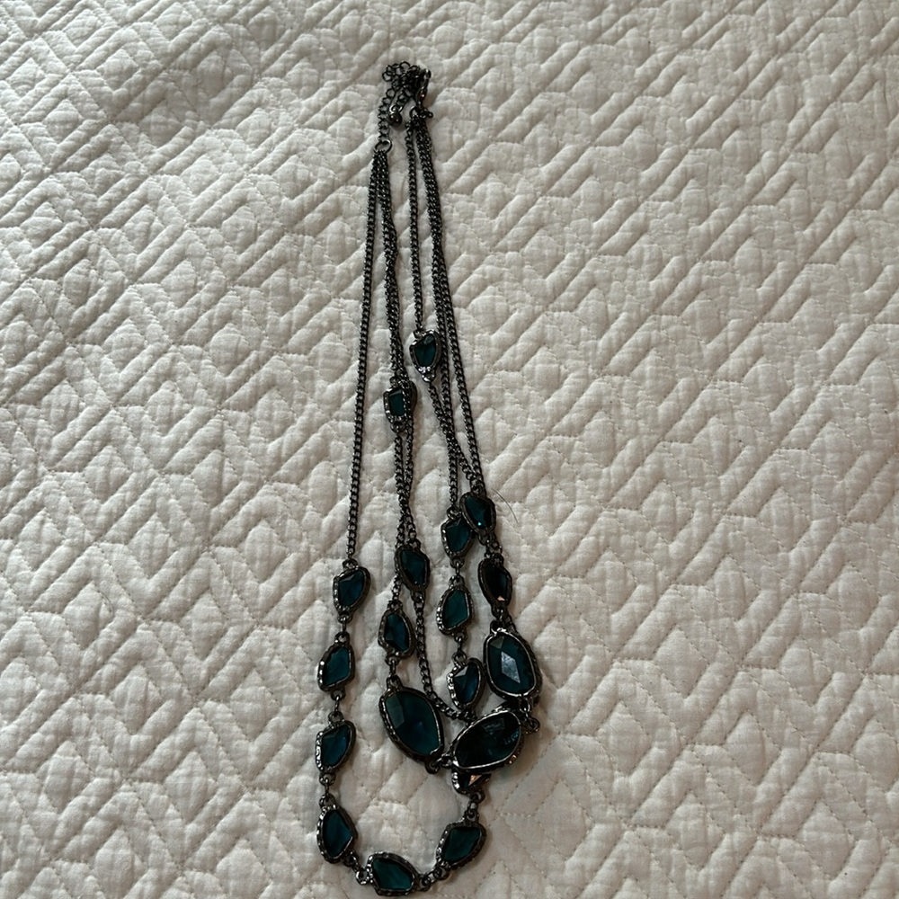 Chico’s gunmetal tone three strand necklace with blue stones. - Picture 2 of 4